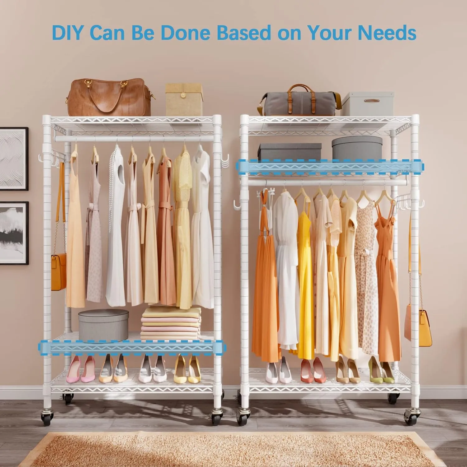 VIPEK R1 Rolling Clothing Rack Heavy Duty Garment Rack for Hanging Clothes, Portable Closet Wardrobe with Wheels and Side Hooks, Adjustable Freestanding Metal Clothes Rack with Shelves, White