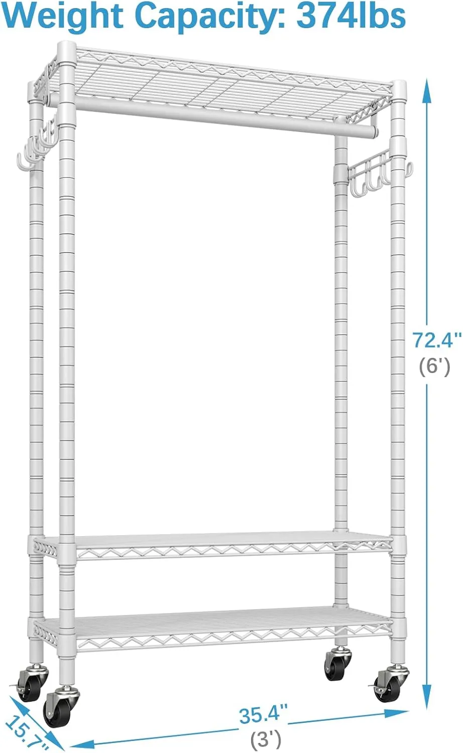 VIPEK R1 Rolling Clothing Rack Heavy Duty Garment Rack for Hanging Clothes, Portable Closet Wardrobe with Wheels and Side Hooks, Adjustable Freestanding Metal Clothes Rack with Shelves, White