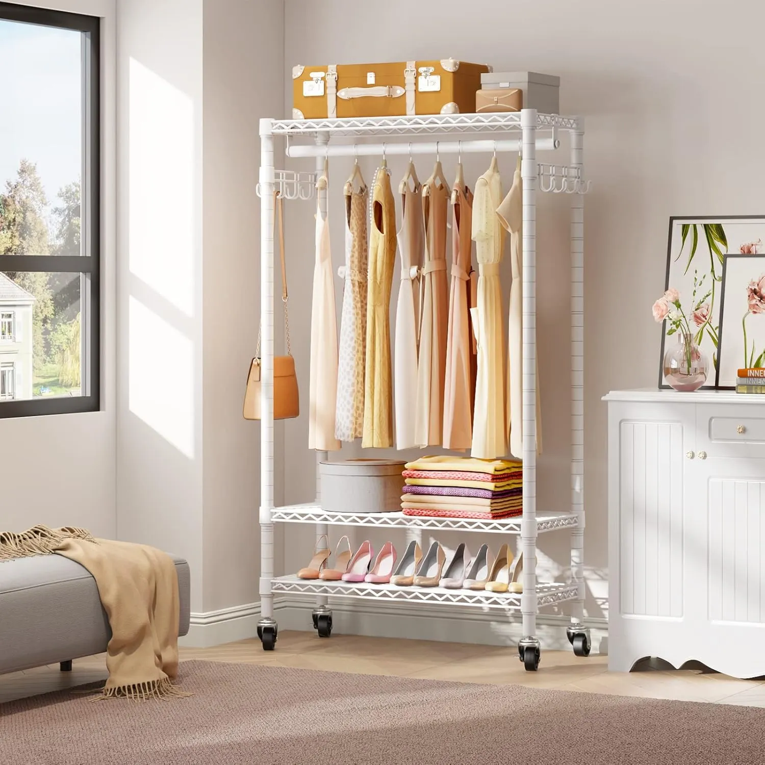 VIPEK R1 Rolling Clothing Rack Heavy Duty Garment Rack for Hanging Clothes, Portable Closet Wardrobe with Wheels and Side Hooks, Adjustable Freestanding Metal Clothes Rack with Shelves, White