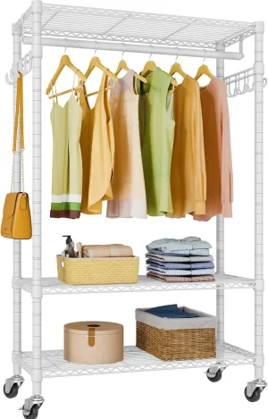 VIPEK R1 Rolling Clothing Rack Heavy Duty Garment Rack for Hanging Clothes, Portable Closet Wardrobe with Wheels and Side Hooks, Adjustable Freestanding Metal Clothes Rack with Shelves, White