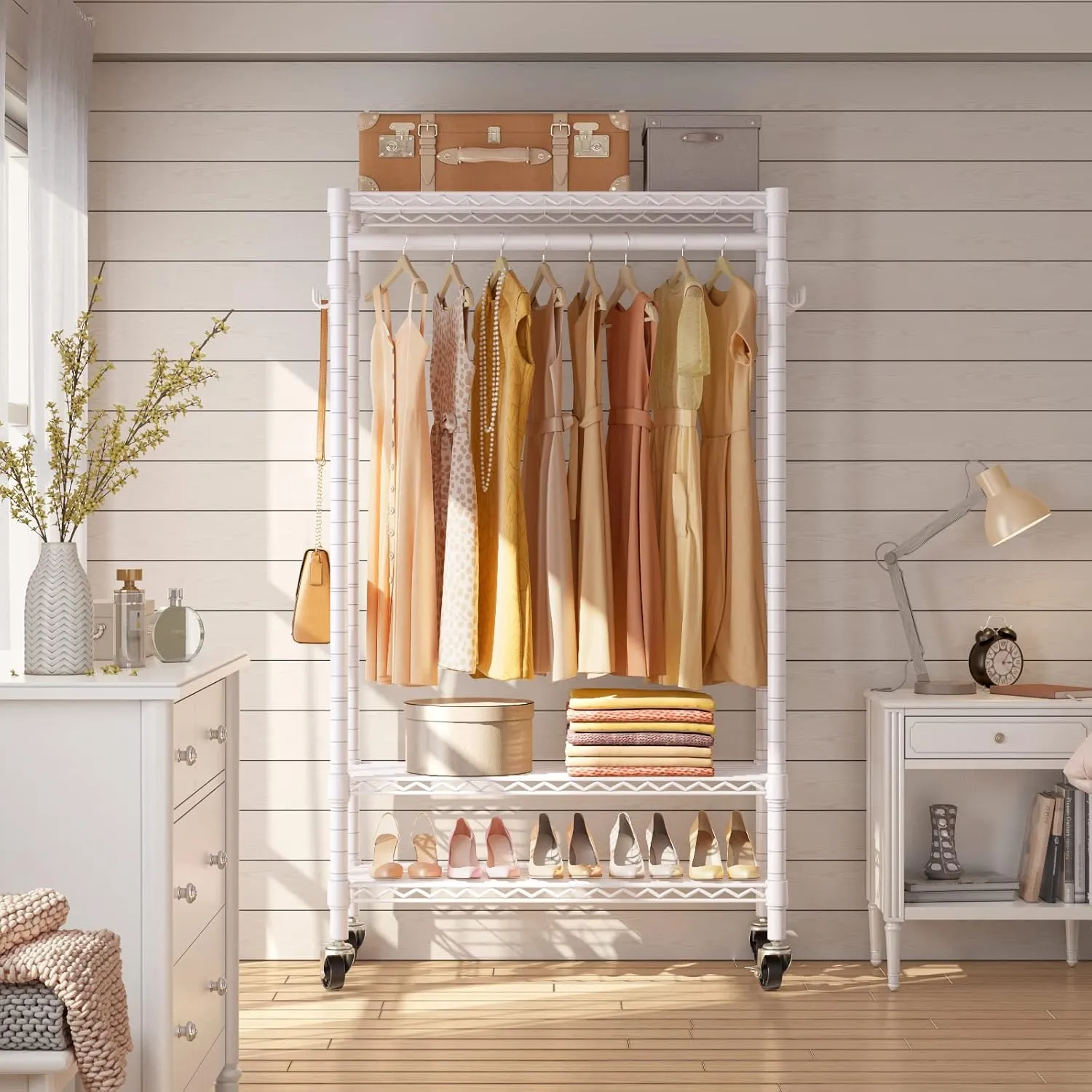 VIPEK R1 Rolling Clothing Rack Heavy Duty Garment Rack for Hanging Clothes, Portable Closet Wardrobe with Wheels and Side Hooks, Adjustable Freestanding Metal Clothes Rack with Shelves, White