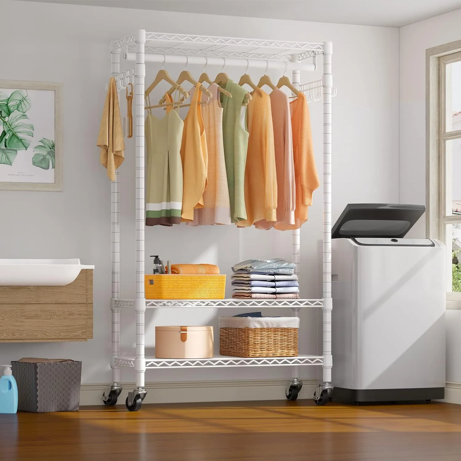 VIPEK R1 Rolling Clothing Rack Heavy Duty Garment Rack for Hanging Clothes, Portable Closet Wardrobe with Wheels and Side Hooks, Adjustable Freestanding Metal Clothes Rack with Shelves, White