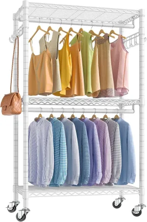 VIPEK R2 Medium Heavy Duty Clothes Rack Rolling Clothing Rack Adjustable Metal Wire Shelving Portable Closets with Double Hanging Rods, Side Hooks, Freestanding Closet Racks Wardrobe, White