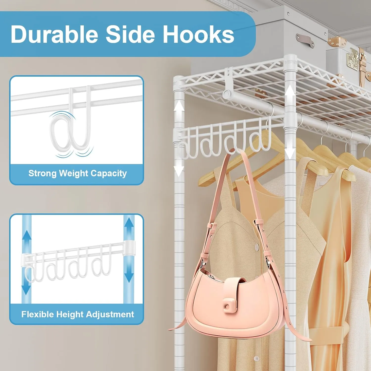 VIPEK R2 Medium Heavy Duty Clothes Rack Rolling Clothing Rack Adjustable Metal Wire Shelving Portable Closets with Double Hanging Rods, Side Hooks, Freestanding Closet Racks Wardrobe, White
