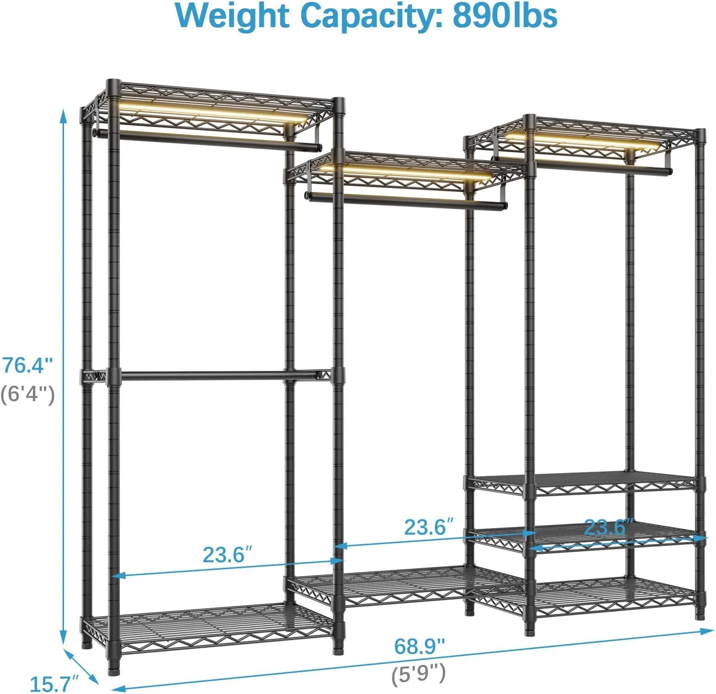 VIPEK V5L Garment Rack Heavy Duty Clothes Racks with Dimmable LED Light, 3000K Warm White, Portable Closet Wardrobe Freestanding Metal Clothing Racks for Hanging Clothes, Max Load 890lbs, Black