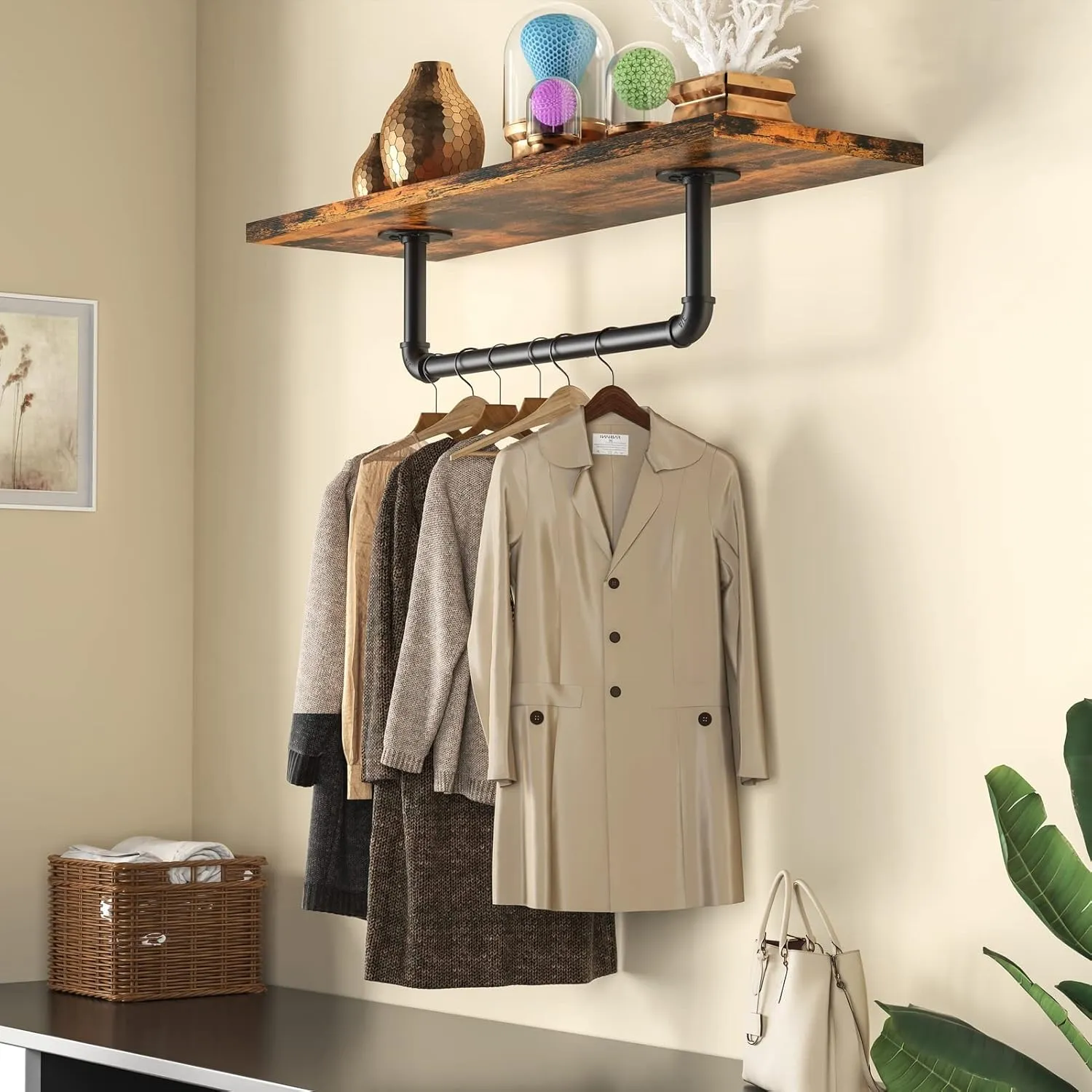 Wall Mounted Clothes Rack 20in, Industrial Pipe Wall Mount Clothing Rack, Heavy Duty Iron Garment Racks, Space Saver Multi-purpose Hanging Rod for Laundry Room, Closet Storage, 1 Pack
