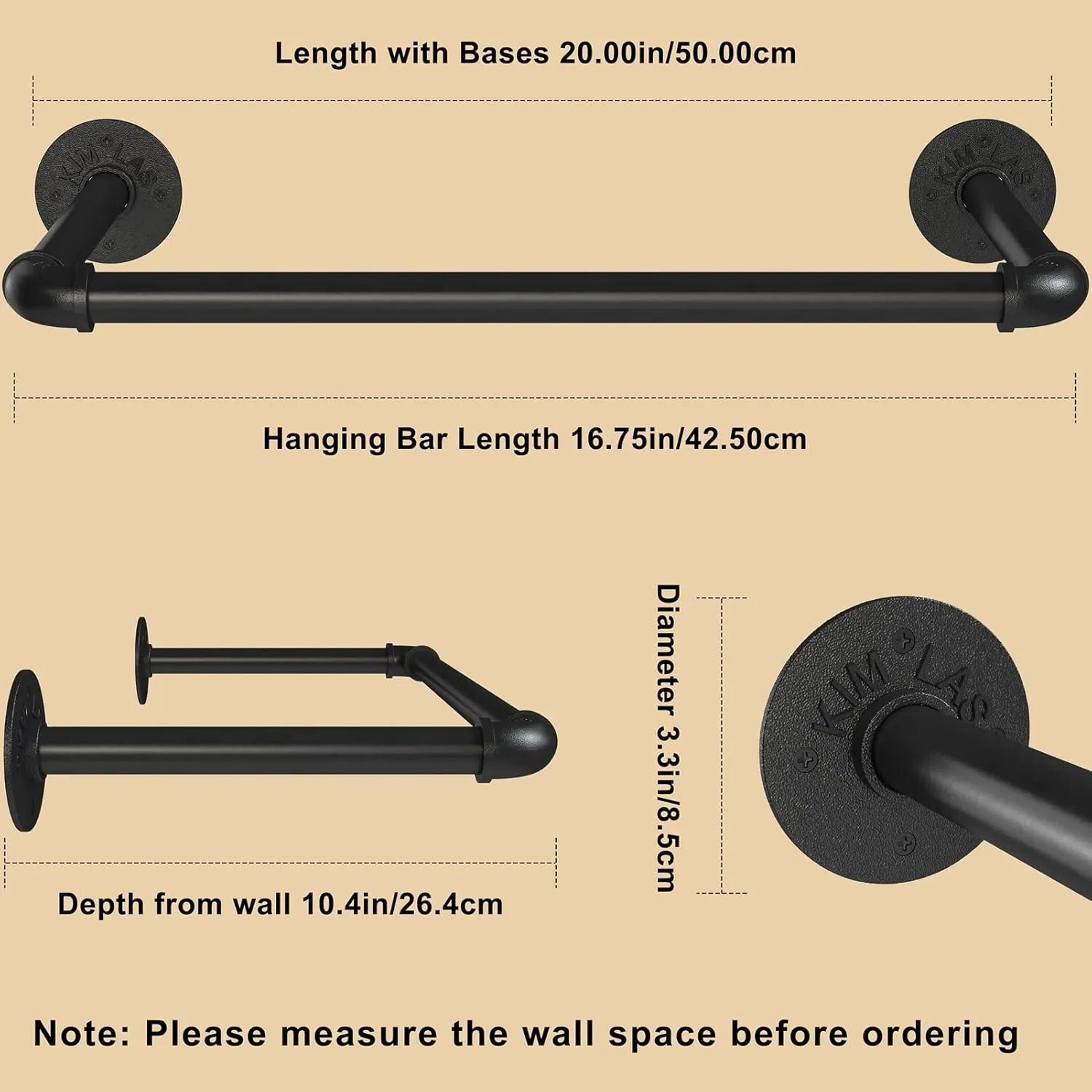 Wall Mounted Clothes Rack 20in, Industrial Pipe Wall Mount Clothing Rack, Heavy Duty Iron Garment Racks, Space Saver Multi-purpose Hanging Rod for Laundry Room, Closet Storage, 1 Pack
