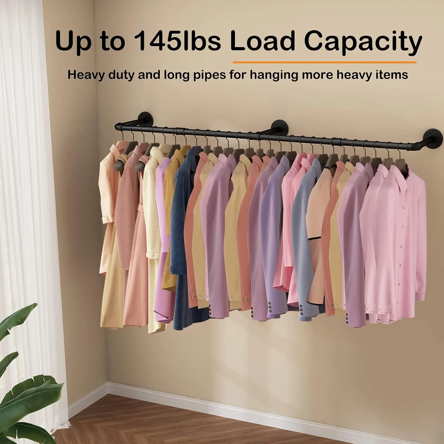 Wall Mounted Clothes Rack 52.6in, Industrial Pipe Clothing Racks Wall Mount, Heavy Duty Detachable Iron Garment Bar, Saving Space, Multi-Purpose Hanging Rod for Bedroom, Laundry Room, 1 Pack