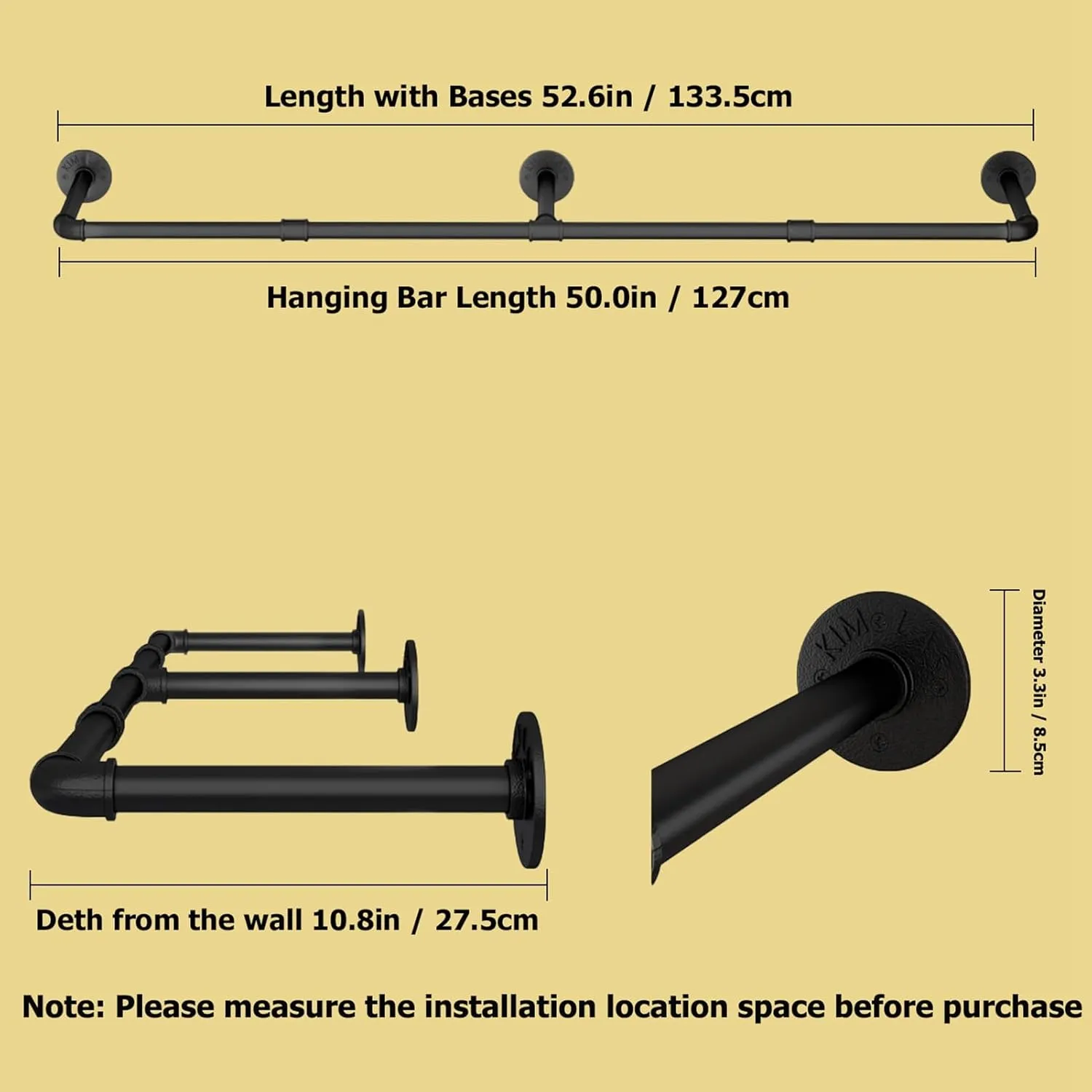 Wall Mounted Clothes Rack 52.6in, Industrial Pipe Clothing Racks Wall Mount, Heavy Duty Detachable Iron Garment Bar, Saving Space, Multi-Purpose Hanging Rod for Bedroom, Laundry Room, 1 Pack