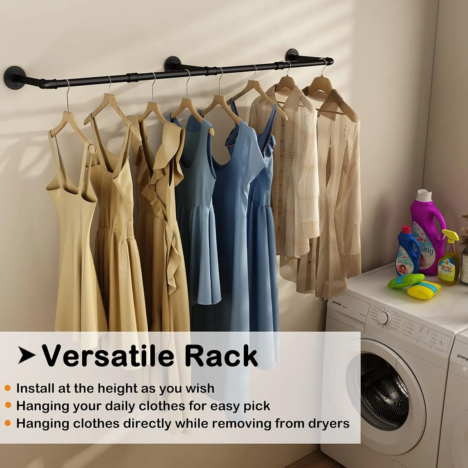 Wall Mounted Clothes Rack 52.6in, Industrial Pipe Clothing Racks Wall Mount, Heavy Duty Detachable Iron Garment Bar, Saving Space, Multi-Purpose Hanging Rod for Bedroom, Laundry Room, 1 Pack