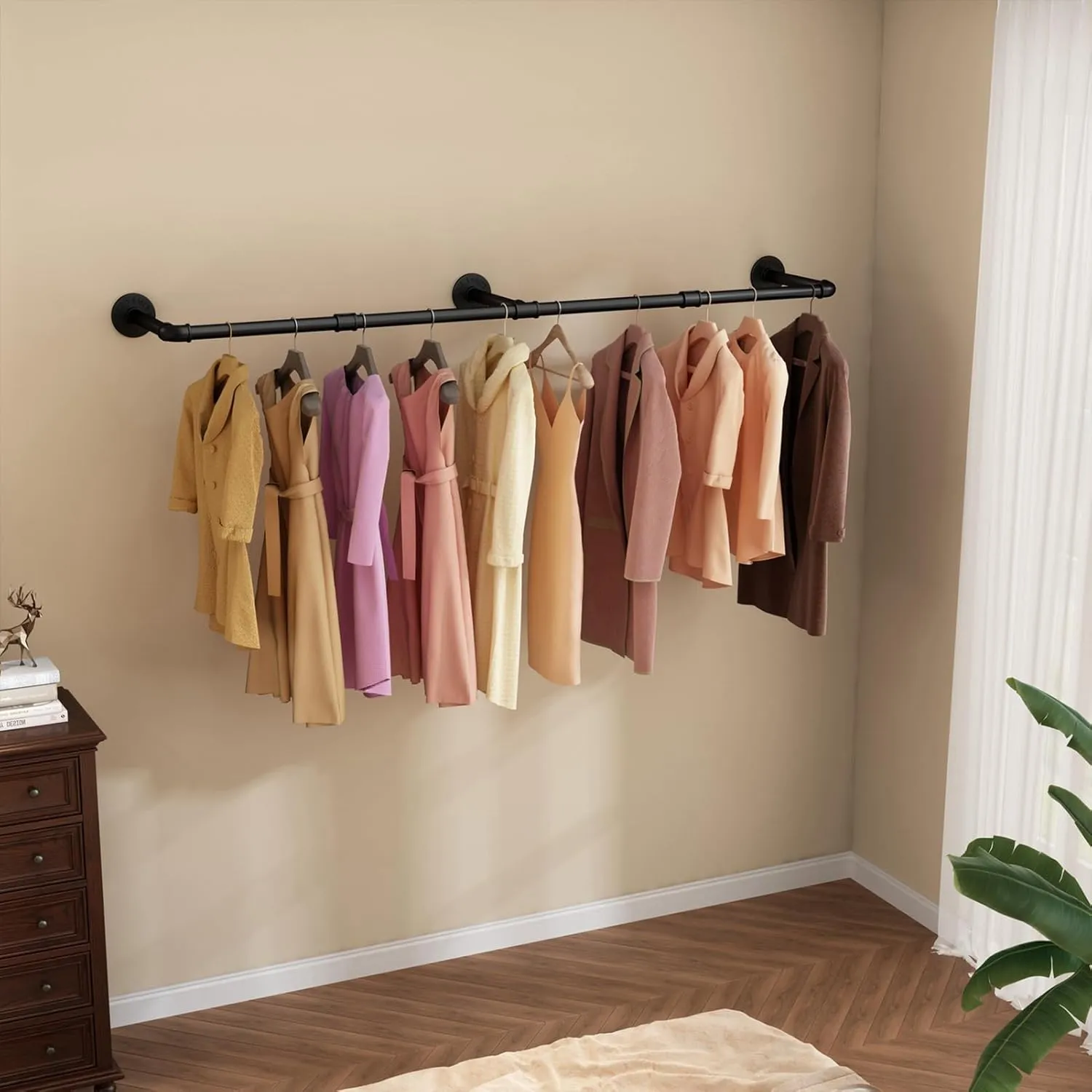 Wall Mounted Clothes Rack 52.6in, Industrial Pipe Clothing Racks Wall Mount, Heavy Duty Detachable Iron Garment Bar, Saving Space, Multi-Purpose Hanging Rod for Bedroom, Laundry Room, 1 Pack