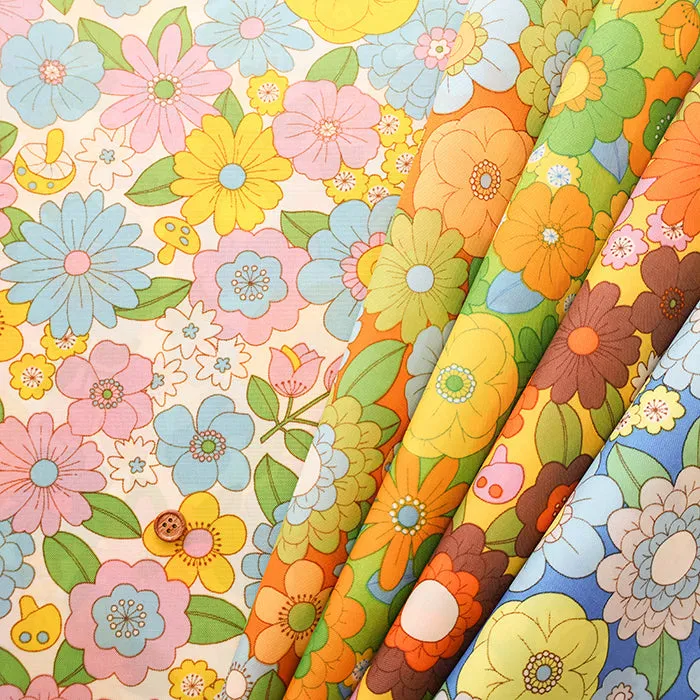 Water repellent Nylon Oxford Print Fabric 70s Design Flower Days