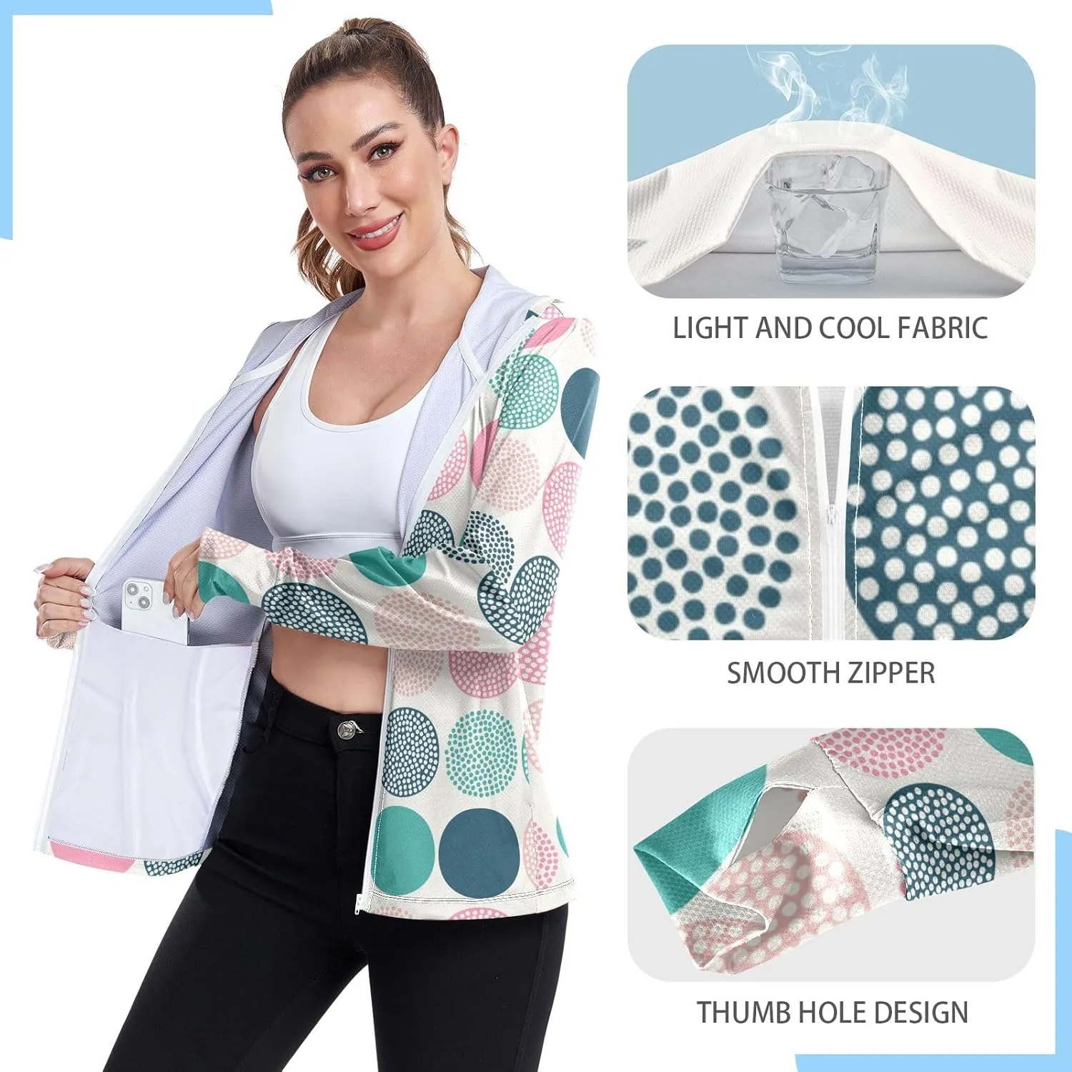 White Brown Retro Polka Dot Sunscreen Clothing for Women, Upf 50  Zip up Athletic Jacket, Outdoor Hoodie (S-XXL)