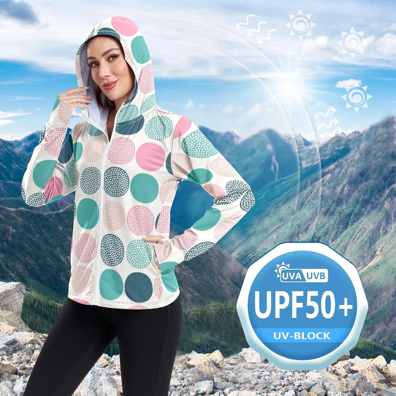 White Brown Retro Polka Dot Sunscreen Clothing for Women, Upf 50  Zip up Athletic Jacket, Outdoor Hoodie (S-XXL)