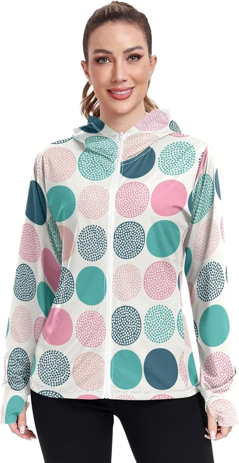 White Brown Retro Polka Dot Sunscreen Clothing for Women, Upf 50  Zip up Athletic Jacket, Outdoor Hoodie (S-XXL)