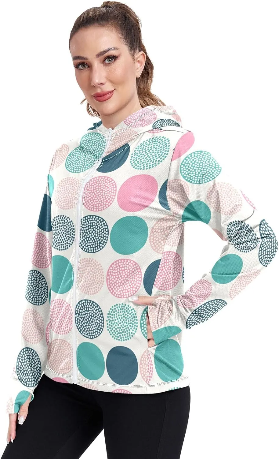 White Brown Retro Polka Dot Sunscreen Clothing for Women, Upf 50  Zip up Athletic Jacket, Outdoor Hoodie (S-XXL)