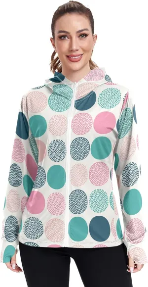 White Brown Retro Polka Dot Sunscreen Clothing for Women, Upf 50  Zip up Athletic Jacket, Outdoor Hoodie (S-XXL)