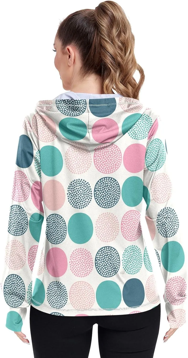 White Brown Retro Polka Dot Sunscreen Clothing for Women, Upf 50  Zip up Athletic Jacket, Outdoor Hoodie (S-XXL)