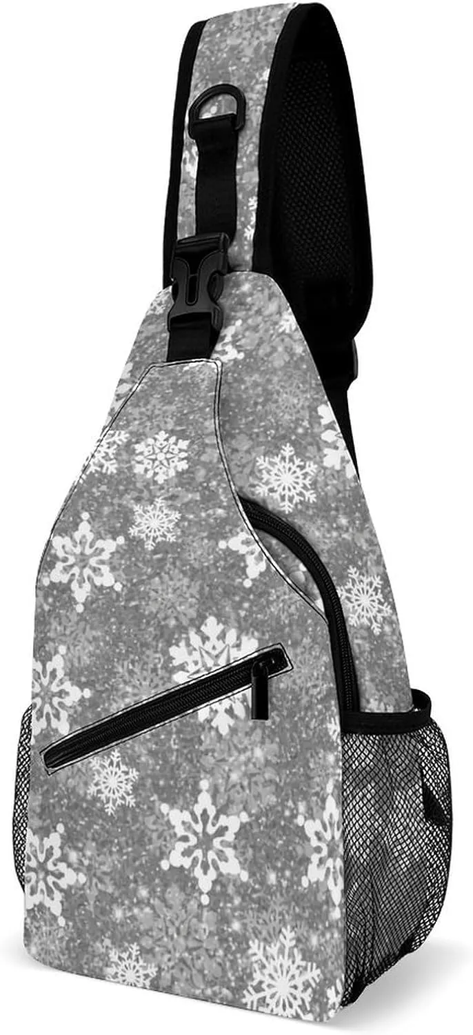 White Snowflakes Gray Christmas Fashion Crossbody Bag for Both Men And Women, Travel And Hiking Crossbody Bag, Chest Bag
