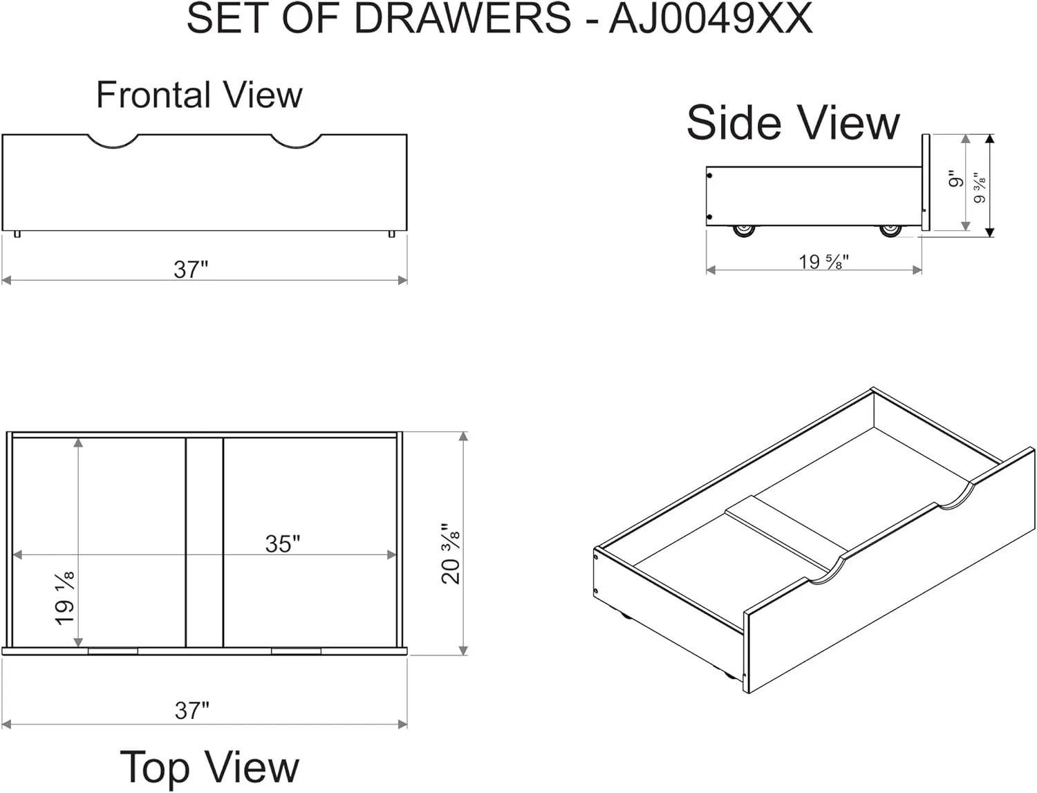 White Wood Underbed Storage Drawers on Wheels - Bedroom Dresser Organizer Shelf - Set of 2 - Perfect for Small Spaces and Storing Clothes - 9 3/8 in. H - Works with Any 9.75 in. and Bed Frame