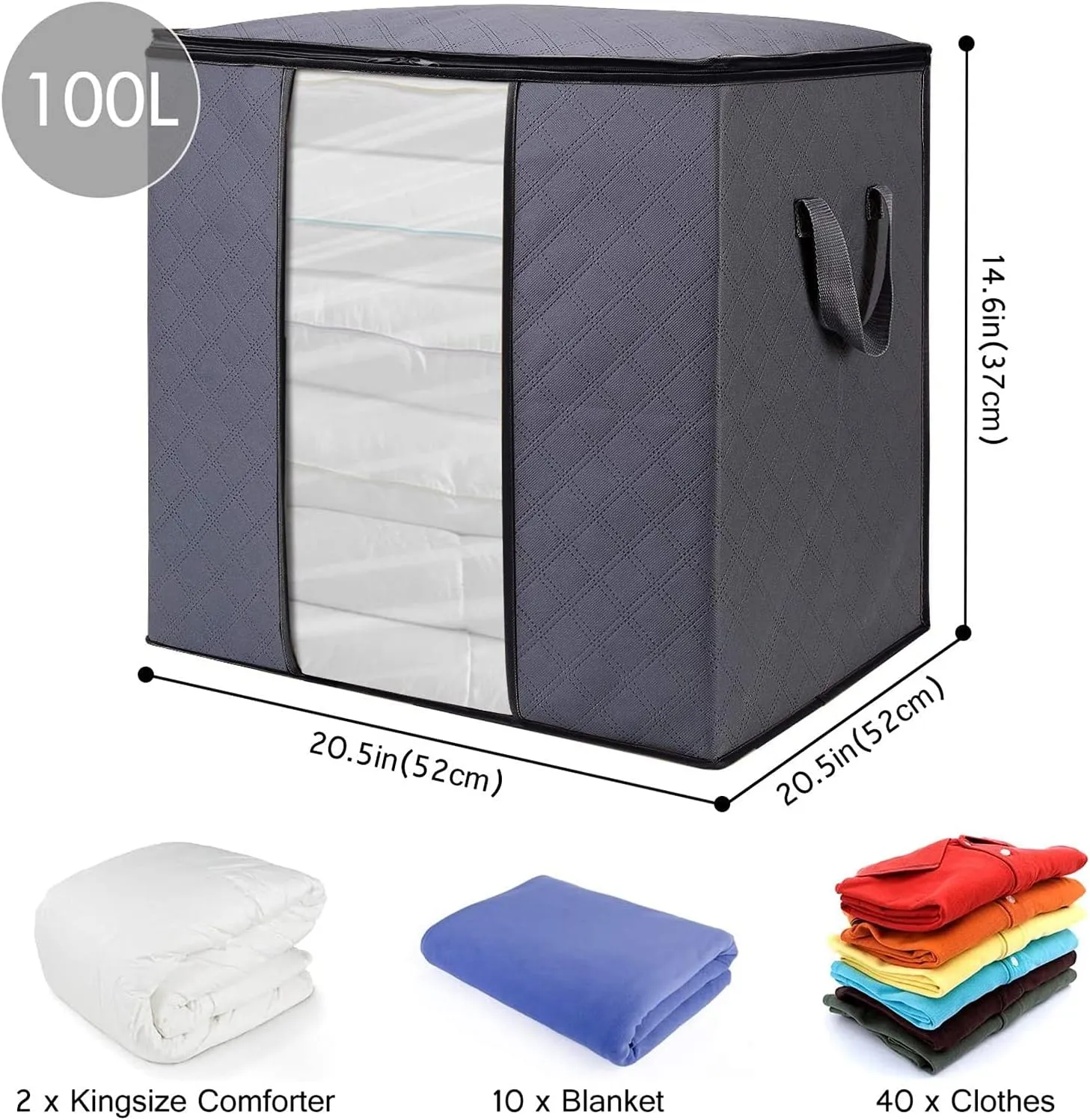 WISELIFE Storage Bags [2 Pack/100L] Large Blanket Clothes Organization and Storage Containers for Comforters,Bedding, Foldable Organizer with Reinforced Handle, Clear Window, Sturdy Zippers,Gray