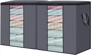 WISELIFE Storage Bags [2 Pack/100L] Large Blanket Clothes Organization and Storage Containers for Comforters,Bedding, Foldable Organizer with Reinforced Handle, Clear Window, Sturdy Zippers,Gray