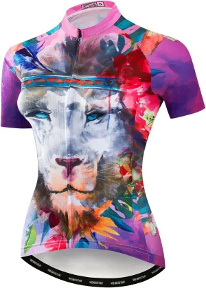 Women Cycling Short Sleeve Jersey Bike Bicycle Clothing Flowers Jacket with Big Reflective Tape
