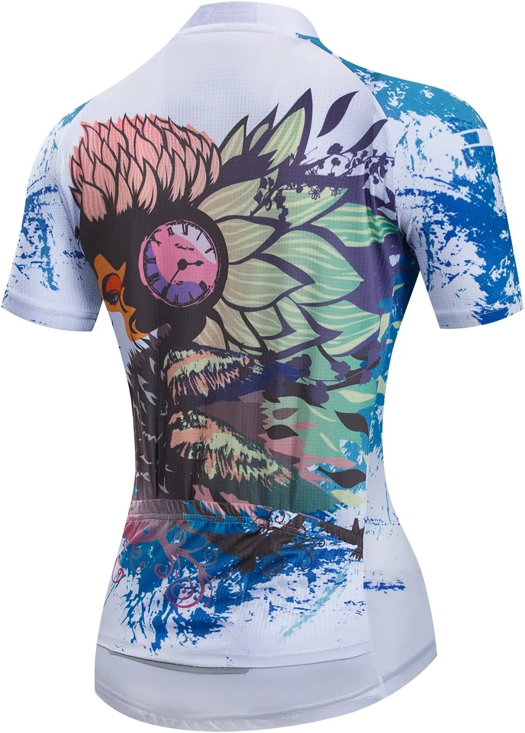 Women Cycling Short Sleeve Jersey Bike Bicycle Clothing Flowers Jacket with Big Reflective Tape