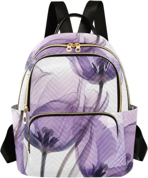 Women Mini Backpack Purse Bag Lightweight Casual Daily Travel Backpack White Background Three Purple Tulips Composed Of Lines and A Butterfly Flying over Back Pack Fashion Multipurpose Shoulder Bag,
