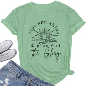 Women Mountain Sunrise Adventure Shirt Hiking Camping Workout T Loose Fit Activewear Rise and Shine Give God The Glory Shirt