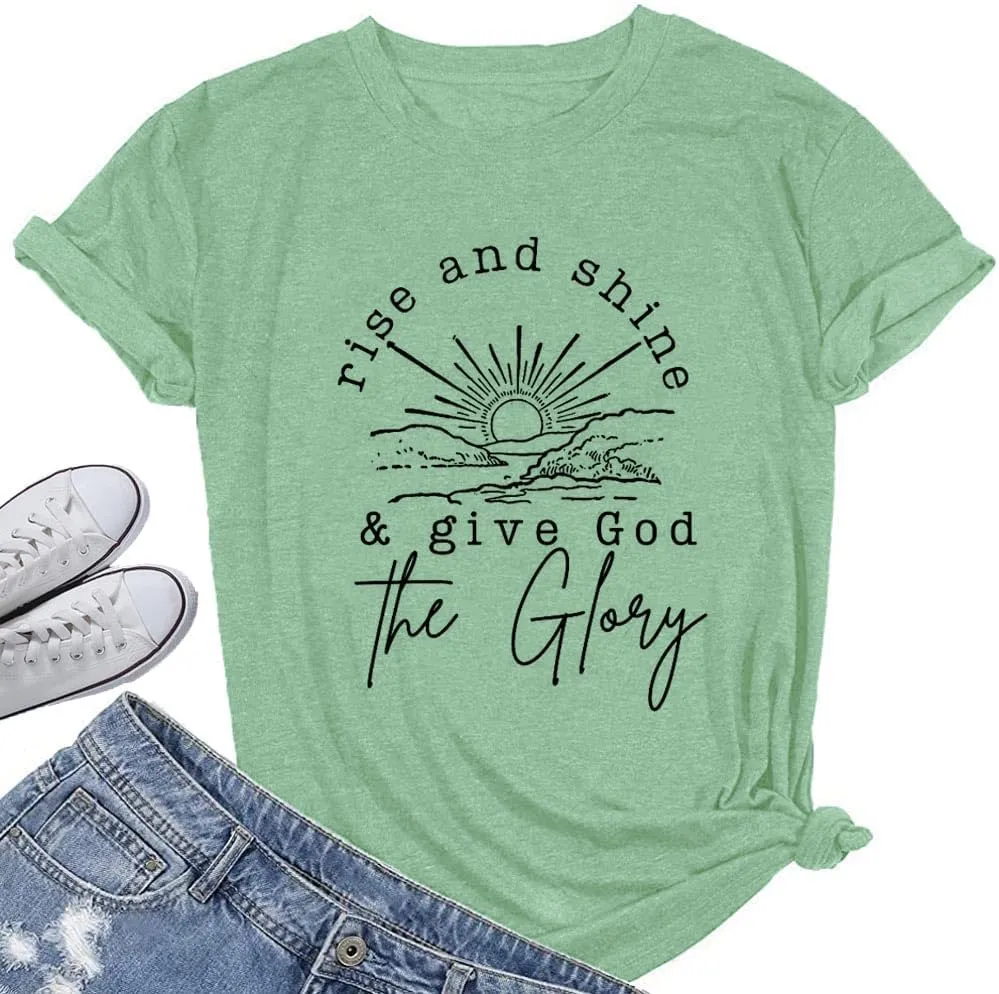 Women Mountain Sunrise Adventure Shirt Hiking Camping Workout T Loose Fit Activewear Rise and Shine Give God The Glory Shirt