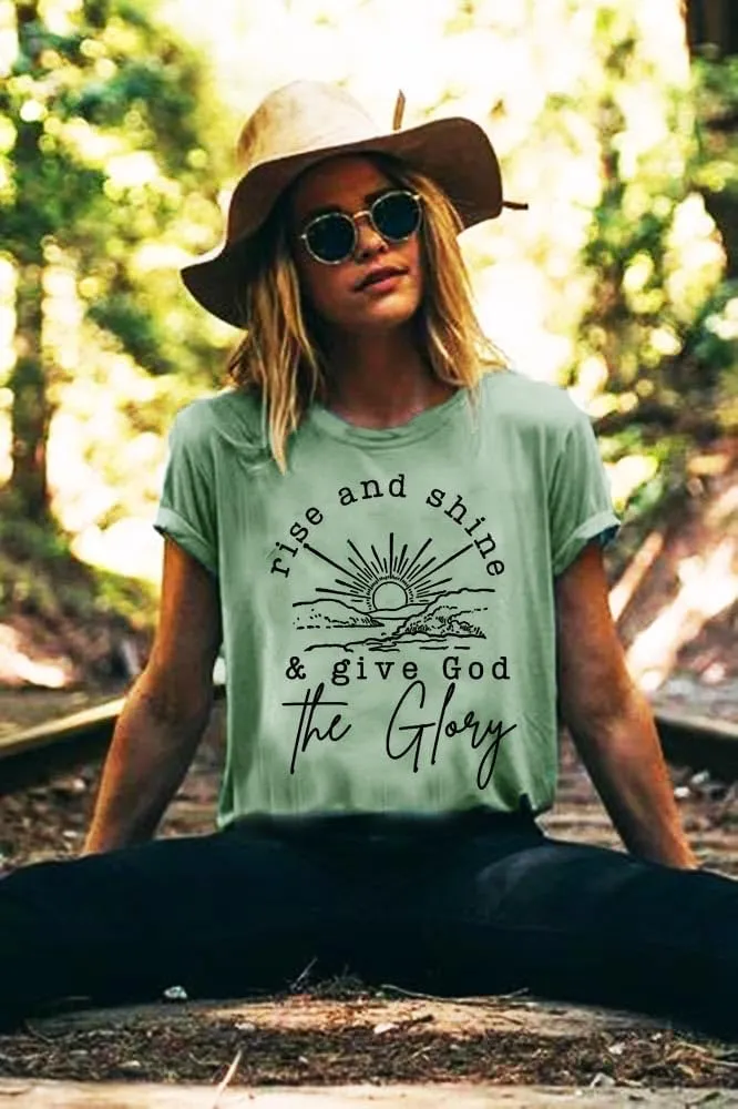 Women Mountain Sunrise Adventure Shirt Hiking Camping Workout T Loose Fit Activewear Rise and Shine Give God The Glory Shirt