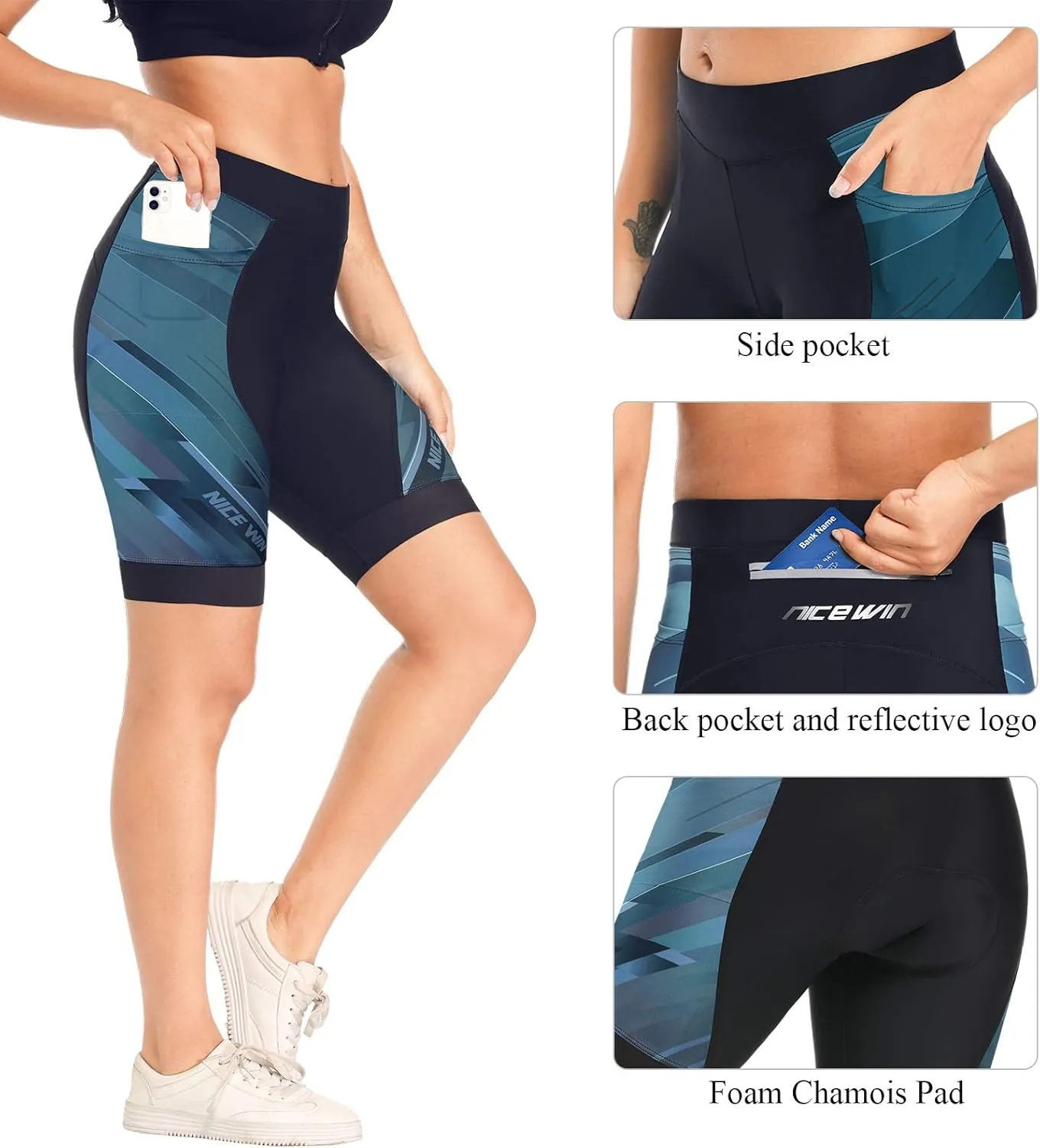 Womens Bike Shorts 4D Gel Pading Cycling Spinning Biker Bicycle Short with Pockets Wide Waistband