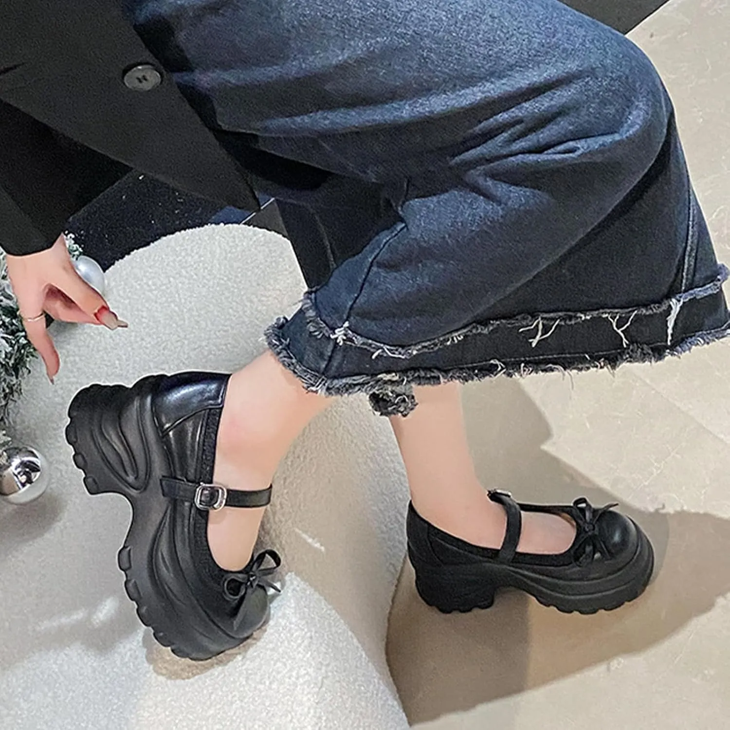 Women's Bow Mary Jane Platform Casual Shoes Comfort Leather Round Toe Ankle Strap Chunky Heel Girls Height Increase School Shoes Grace Non-Slip Nurse Walking Shoes