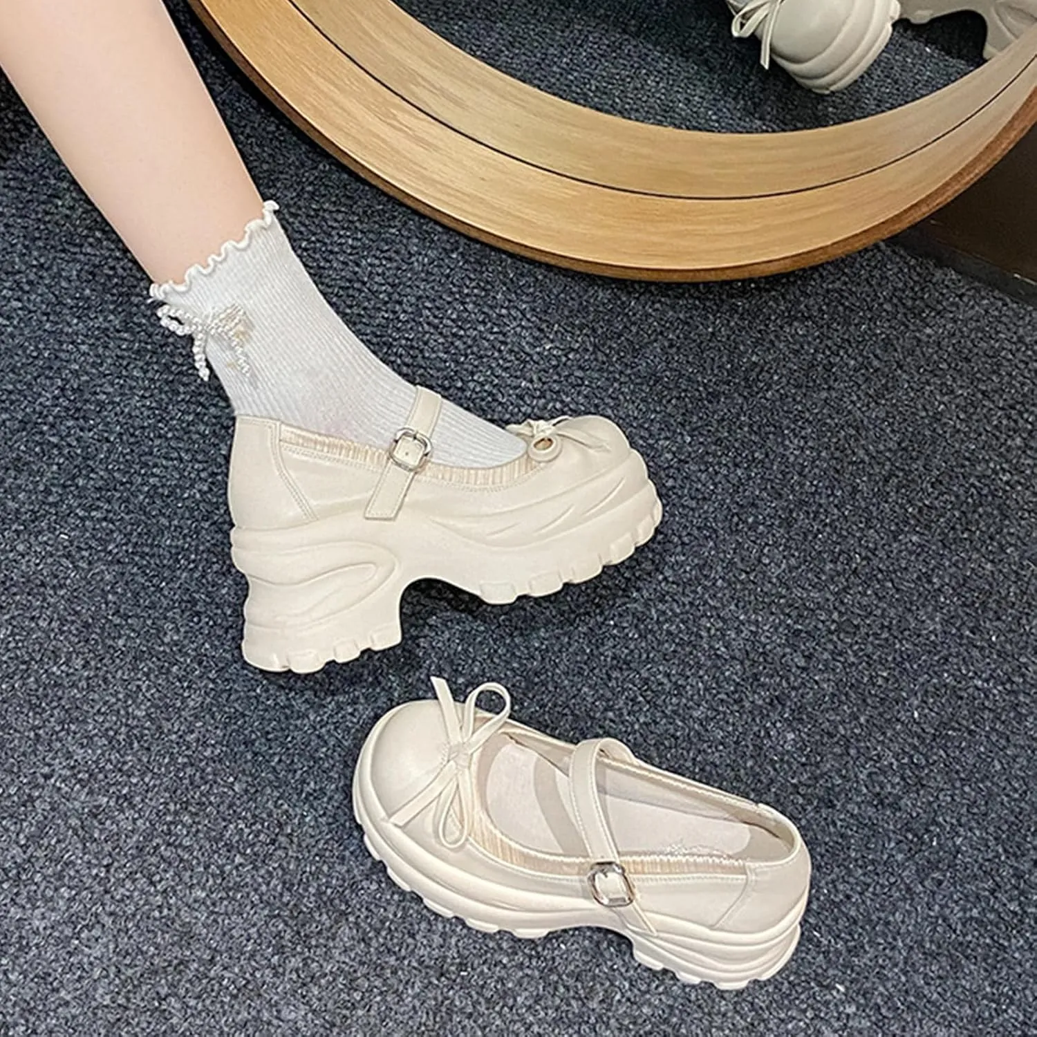 Women's Bow Mary Jane Platform Casual Shoes Comfort Leather Round Toe Ankle Strap Chunky Heel Girls Height Increase School Shoes Grace Non-Slip Nurse Walking Shoes