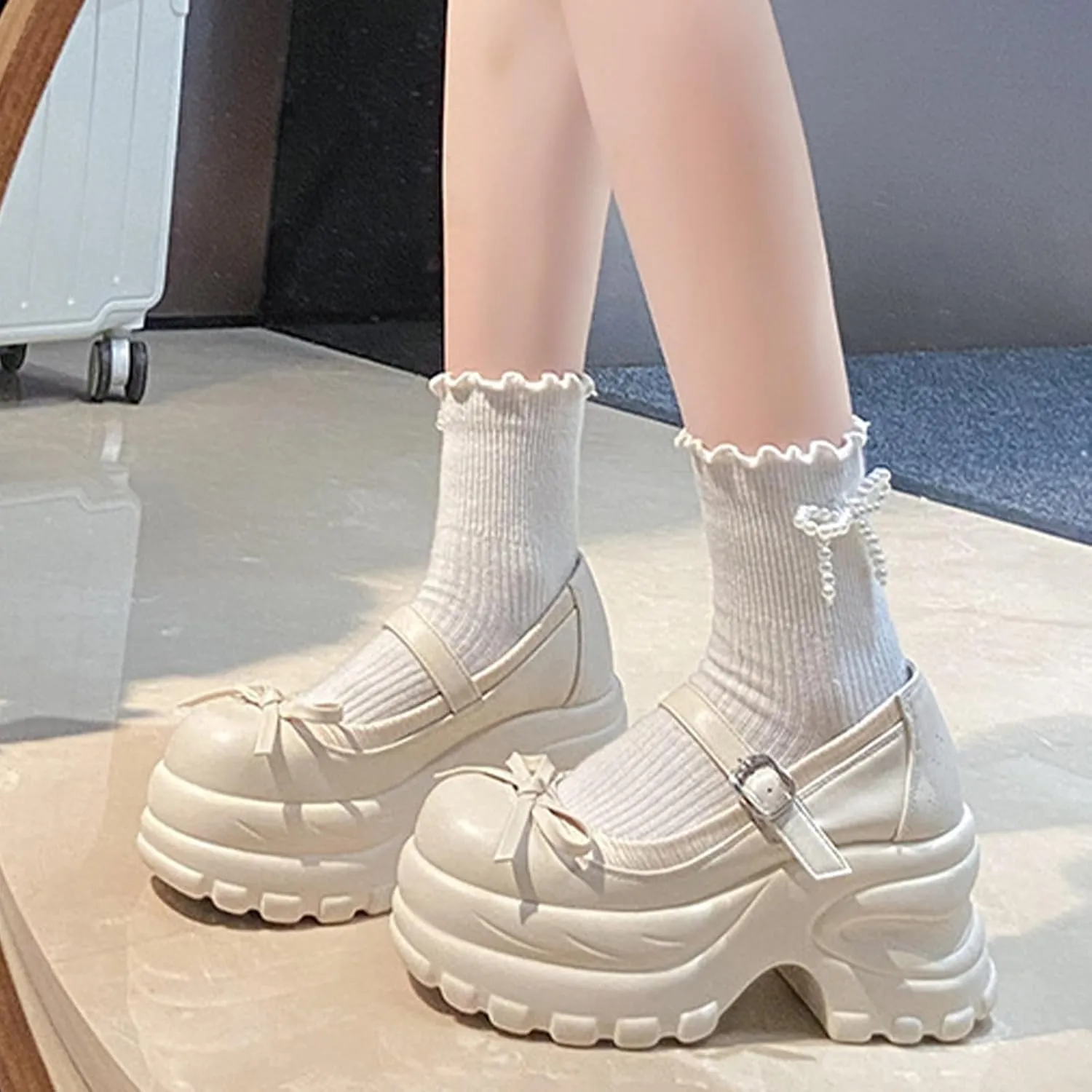 Women's Bow Mary Jane Platform Casual Shoes Comfort Leather Round Toe Ankle Strap Chunky Heel Girls Height Increase School Shoes Grace Non-Slip Nurse Walking Shoes