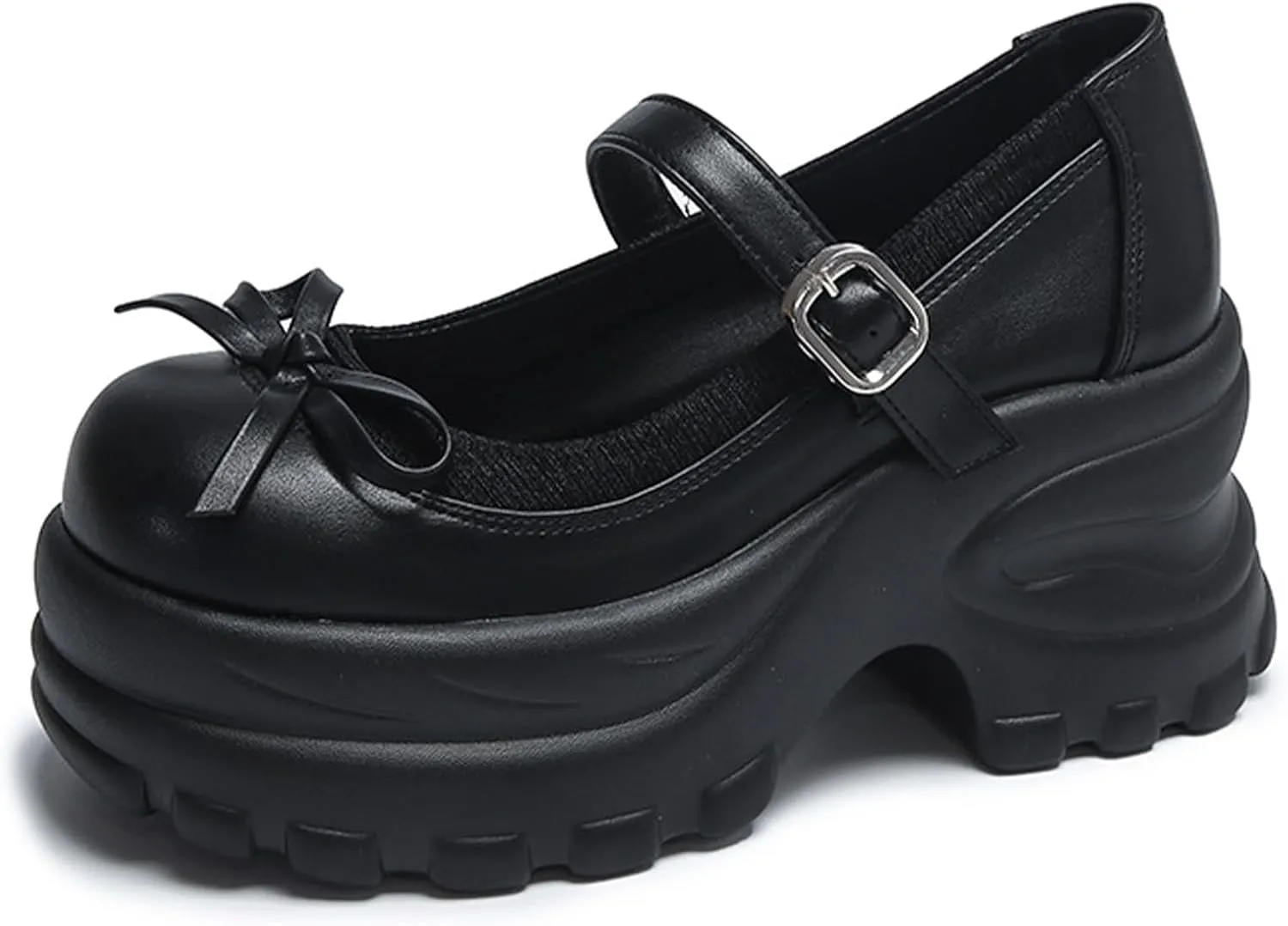 Women's Bow Mary Jane Platform Casual Shoes Comfort Leather Round Toe Ankle Strap Chunky Heel Girls Height Increase School Shoes Grace Non-Slip Nurse Walking Shoes