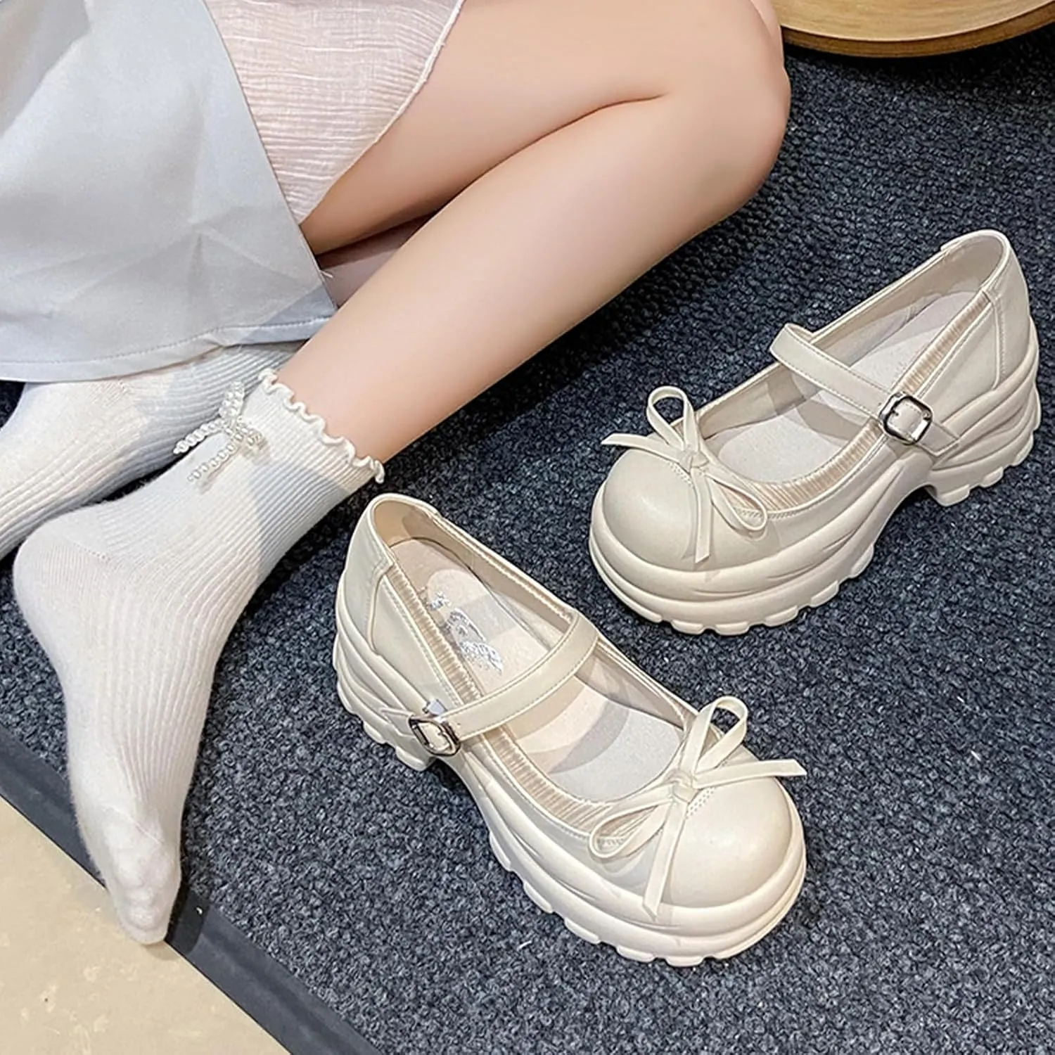 Women's Bow Mary Jane Platform Casual Shoes Comfort Leather Round Toe Ankle Strap Chunky Heel Girls Height Increase School Shoes Grace Non-Slip Nurse Walking Shoes