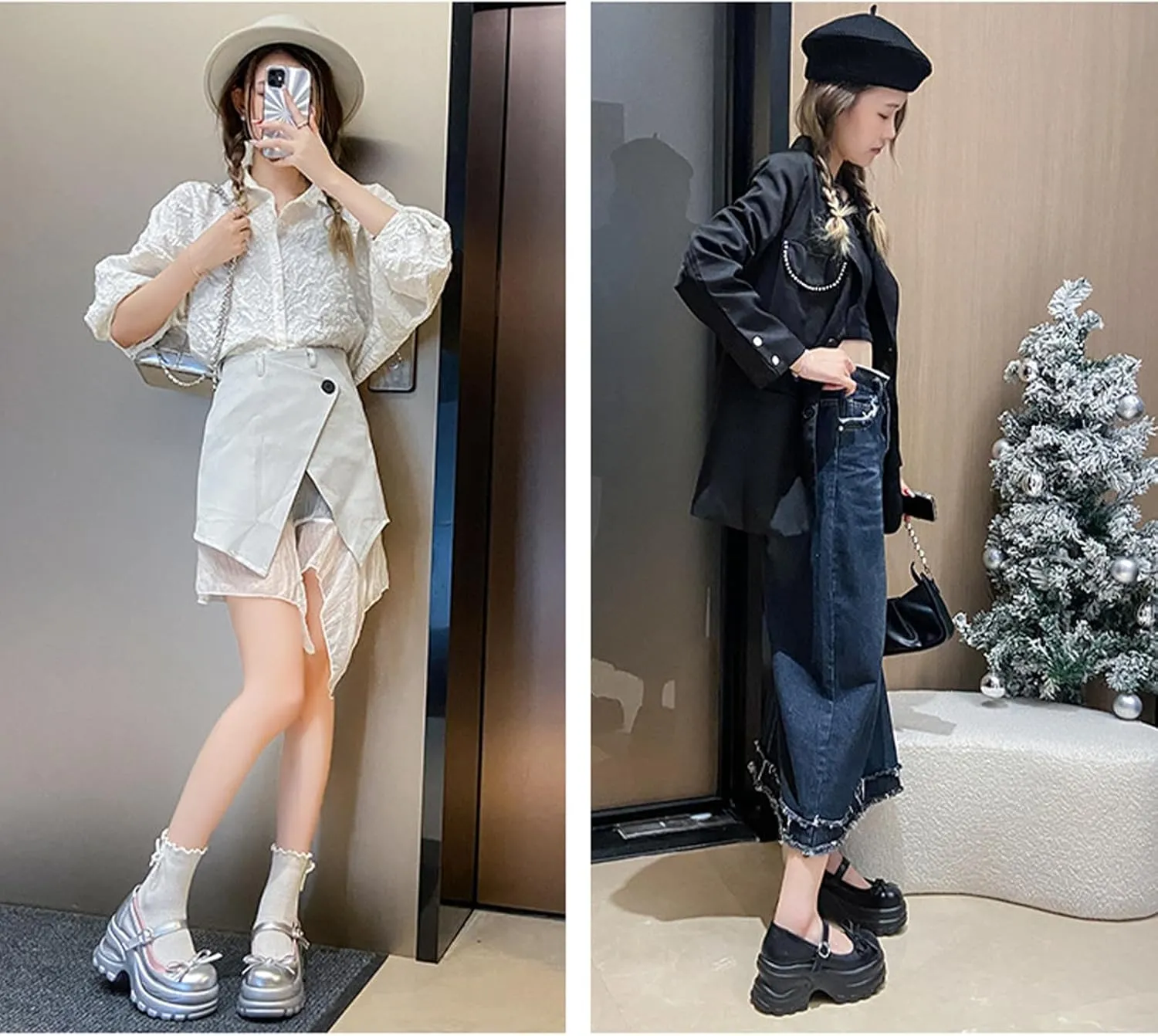 Women's Bow Mary Jane Platform Casual Shoes Comfort Leather Round Toe Ankle Strap Chunky Heel Girls Height Increase School Shoes Grace Non-Slip Nurse Walking Shoes