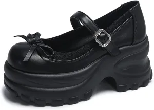 Women's Bow Mary Jane Platform Casual Shoes Comfort Leather Round Toe Ankle Strap Chunky Heel Girls Height Increase School Shoes Grace Non-Slip Nurse Walking Shoes
