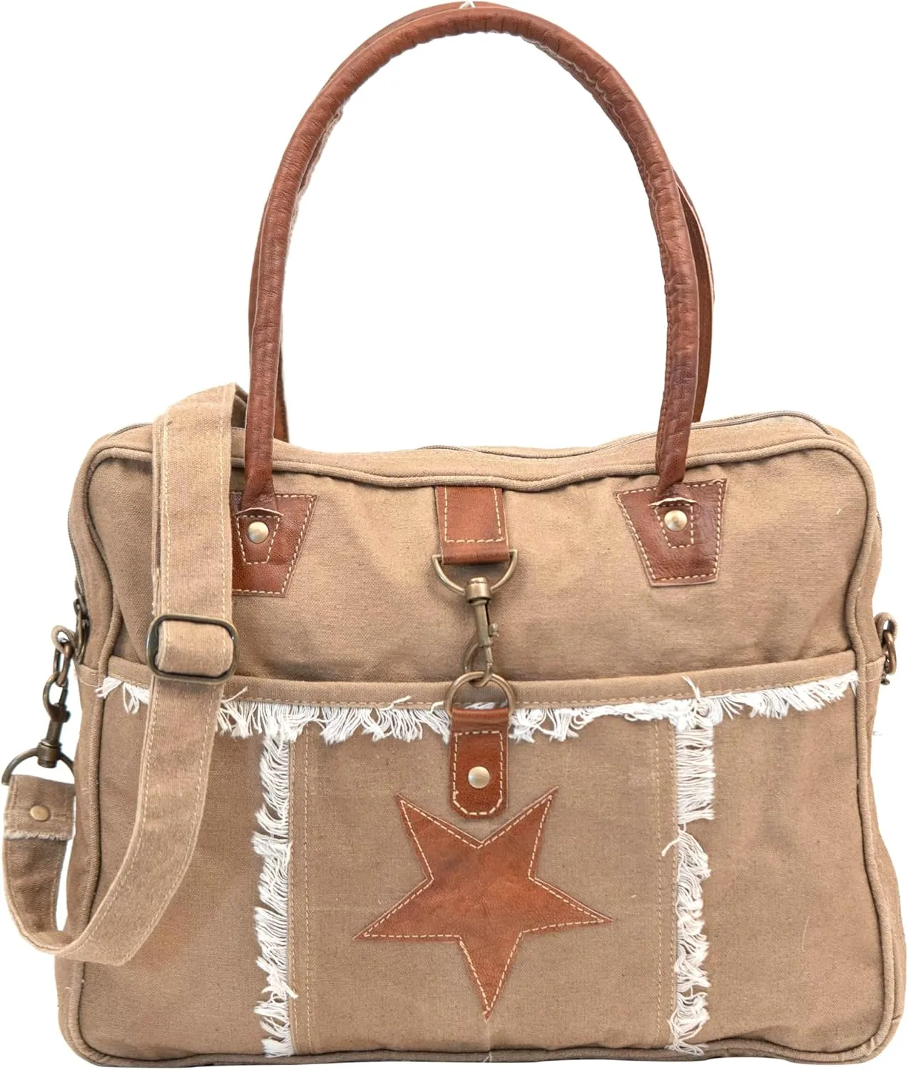 Women's Canvas Boho-Vintage Star Print Tote Handbag, Brown, Medium