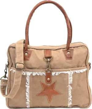 Women's Canvas Boho-Vintage Star Print Tote Handbag, Brown, Medium