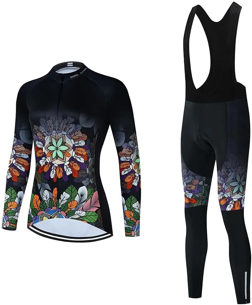 Women's Cycling Jersey Set Bike Shirt Long Sleeve Cycling Clothing Bicycle Bib Pants with Gel Padded