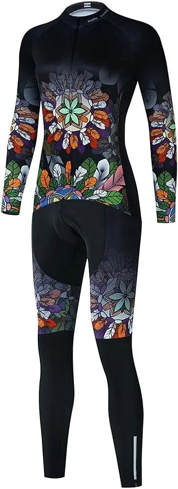 Women's Cycling Jersey Set Bike Shirt Long Sleeve Cycling Clothing Bicycle Bib Pants with Gel Padded