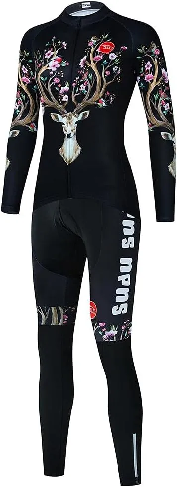 Women's Cycling Jersey Set Bike Shirt Long Sleeve Cycling Clothing Bicycle Bib Pants with Gel Padded