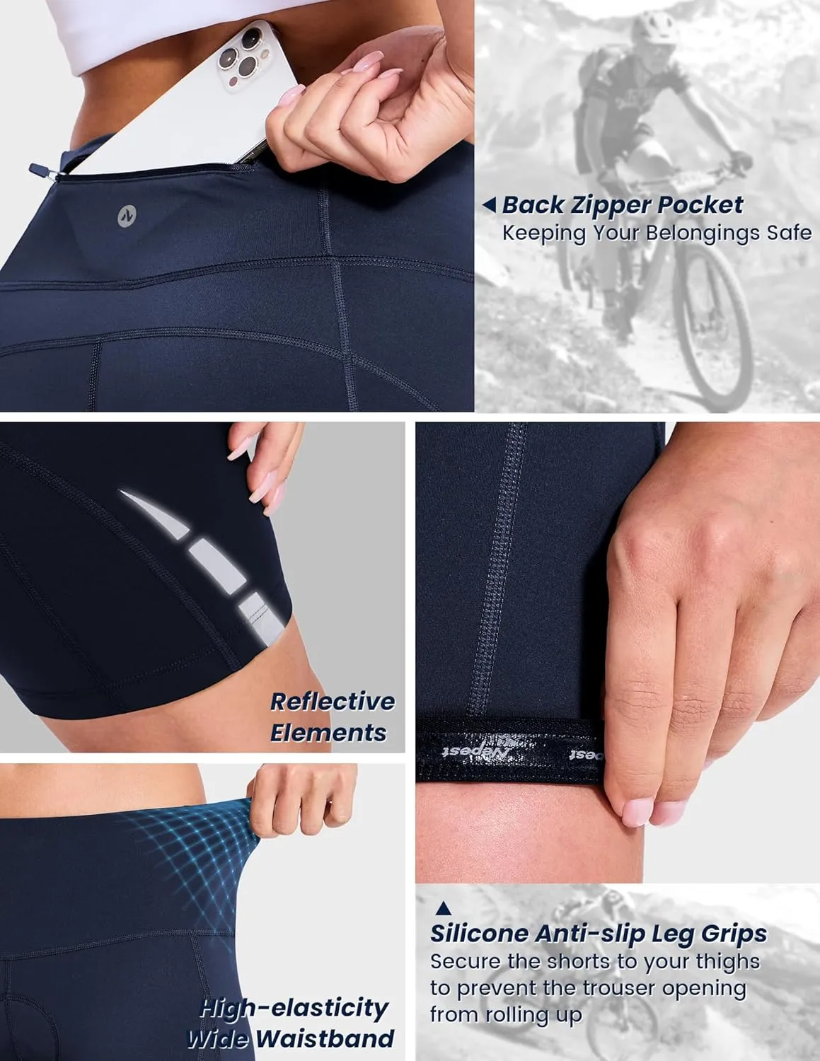 Womens Padded Bike Shorts 4D Padding Cycling Shorts with Zipper Pocket Riding Bicycle Cycle Road Biking Underwear