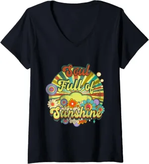 Womens Soul Full of Sunshine Vintage Sunset Retro Groovy Flower V-Neck T-Shirt