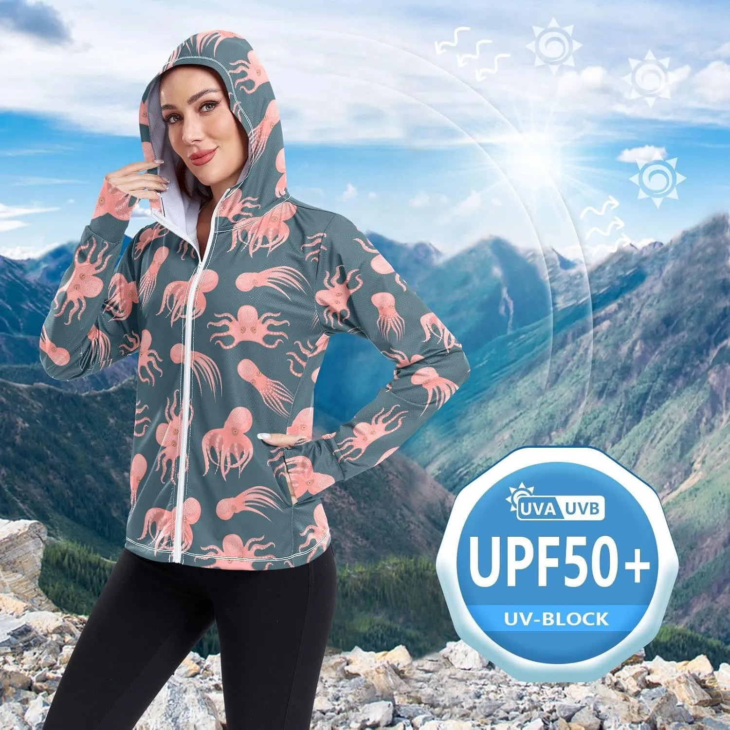 Women's UPF 50  Sun Protection UV Jacket - Zip Up Hoodie Long Sleeve Hiking Fishing Shirt with Pockets Thumb Hole