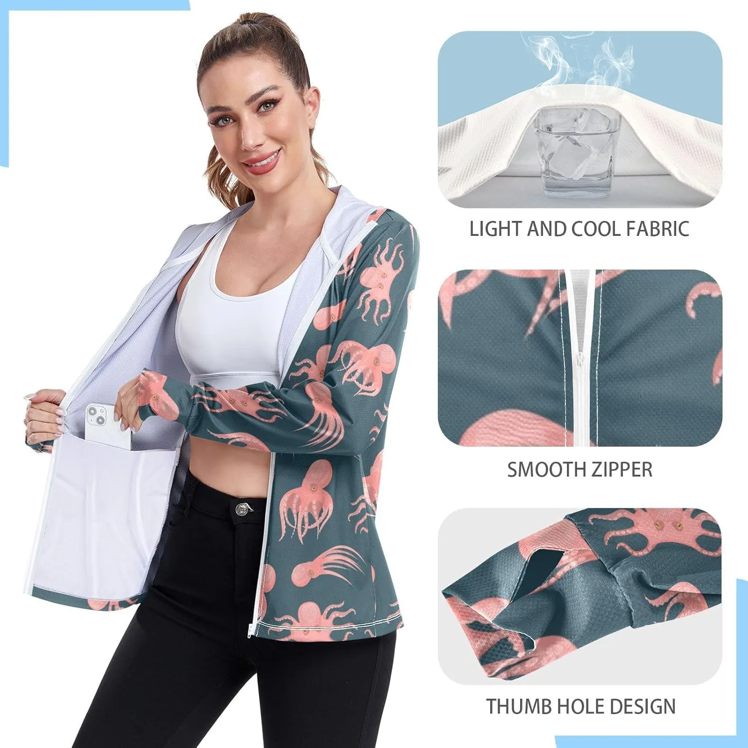 Women's UPF 50  Sun Protection UV Jacket - Zip Up Hoodie Long Sleeve Hiking Fishing Shirt with Pockets Thumb Hole