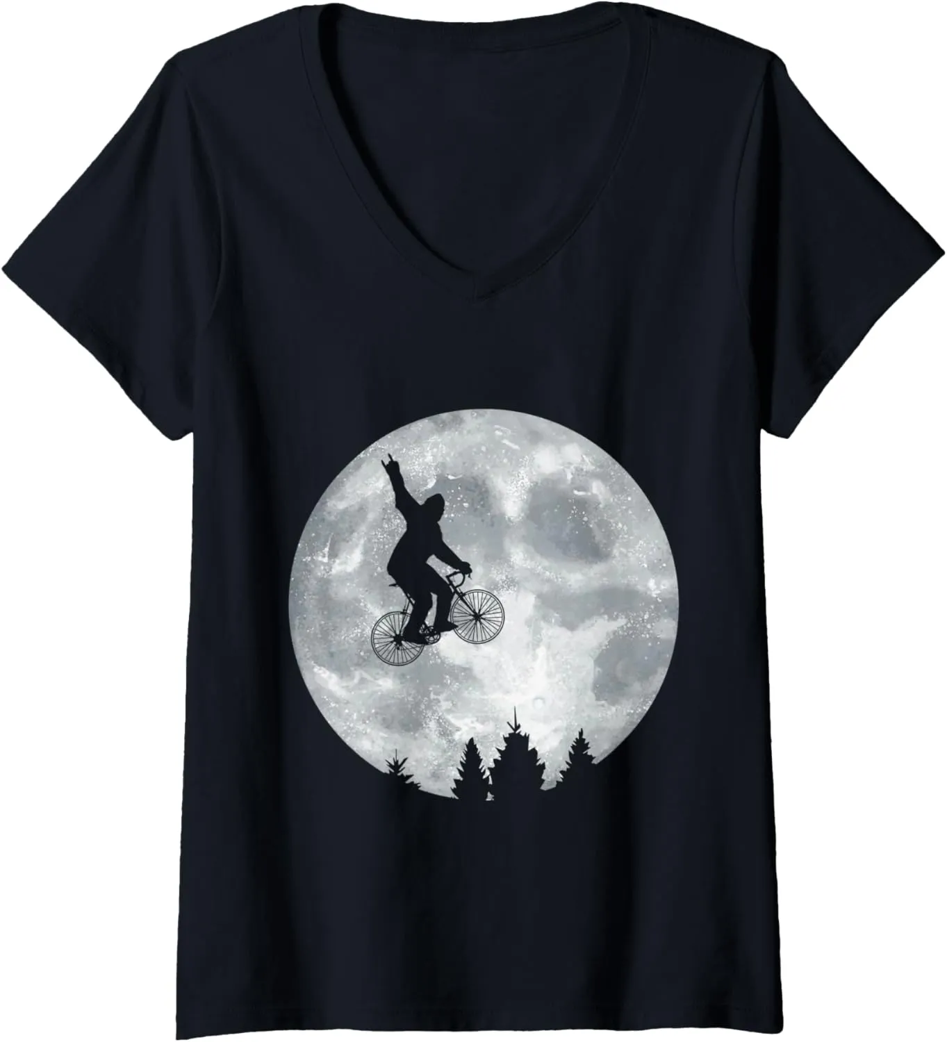 Womens YETI Riding Moon Bike Halloween Lunar Cycling Bigfoot V-Neck T-Shirt